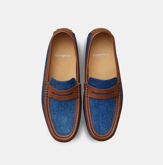 Transporter® men's designer driving shoes in denim by LOUNGERS, featuring a stylish slip-on design and casual comfort.