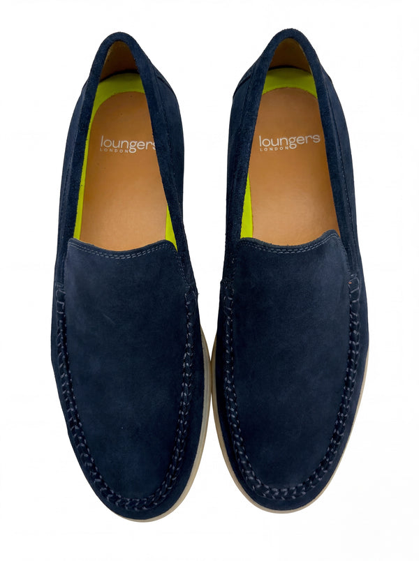 Dream Walker® men's navy calf suede loafer by LOUNGERS, top view showing sleek design and comfortable slip-on style.