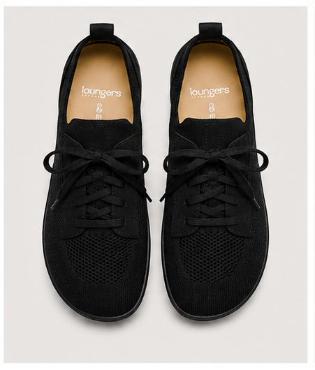 Men's Vector Barefoot Black shoes by LOUNGERS, top view showing minimalist design and sleek black material for comfortable barefoot style.