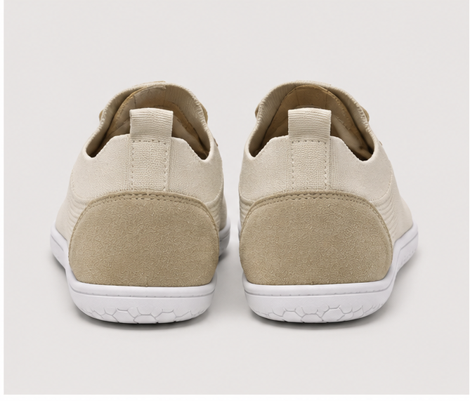 Men's Vector Barefoot beige shoes by Loungers, back view showing minimalist design and comfortable barefoot style.