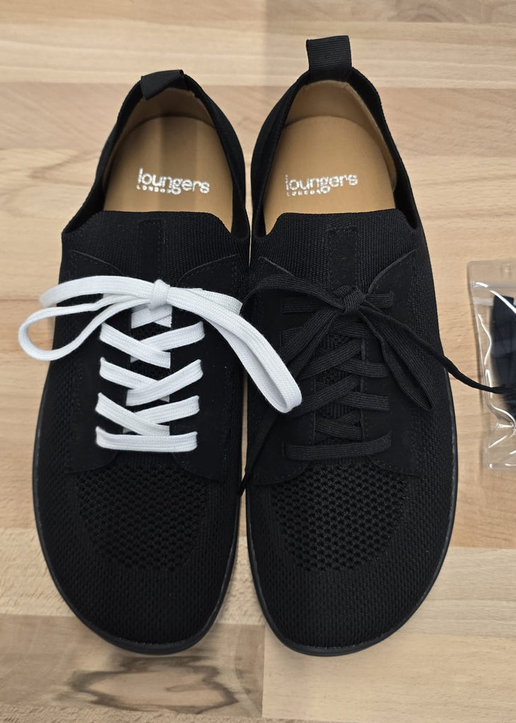 Men's Vector Barefoot Black shoes by Loungers, front view showing sleek design and minimalist style.