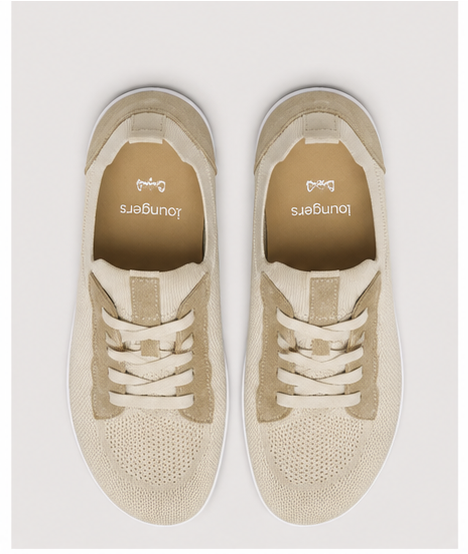 Men's beige barefoot shoes by LOUNGERS, top view showing lightweight, minimal design with breathable material and comfortable fit.