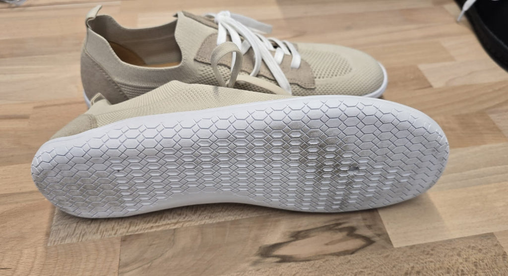 Men's Vector Barefoot beige shoes by LOUNGERS, showcasing lightweight, minimalist design with breathable material and flexible sole.