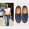 Lifestyle collage beside women's denim driving shoes with brown leather trim on light grey.